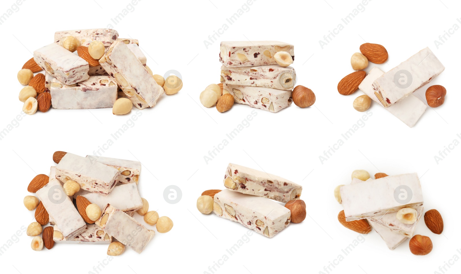 Image of Delicious nougat with nuts on white background, top and side views. Collage design