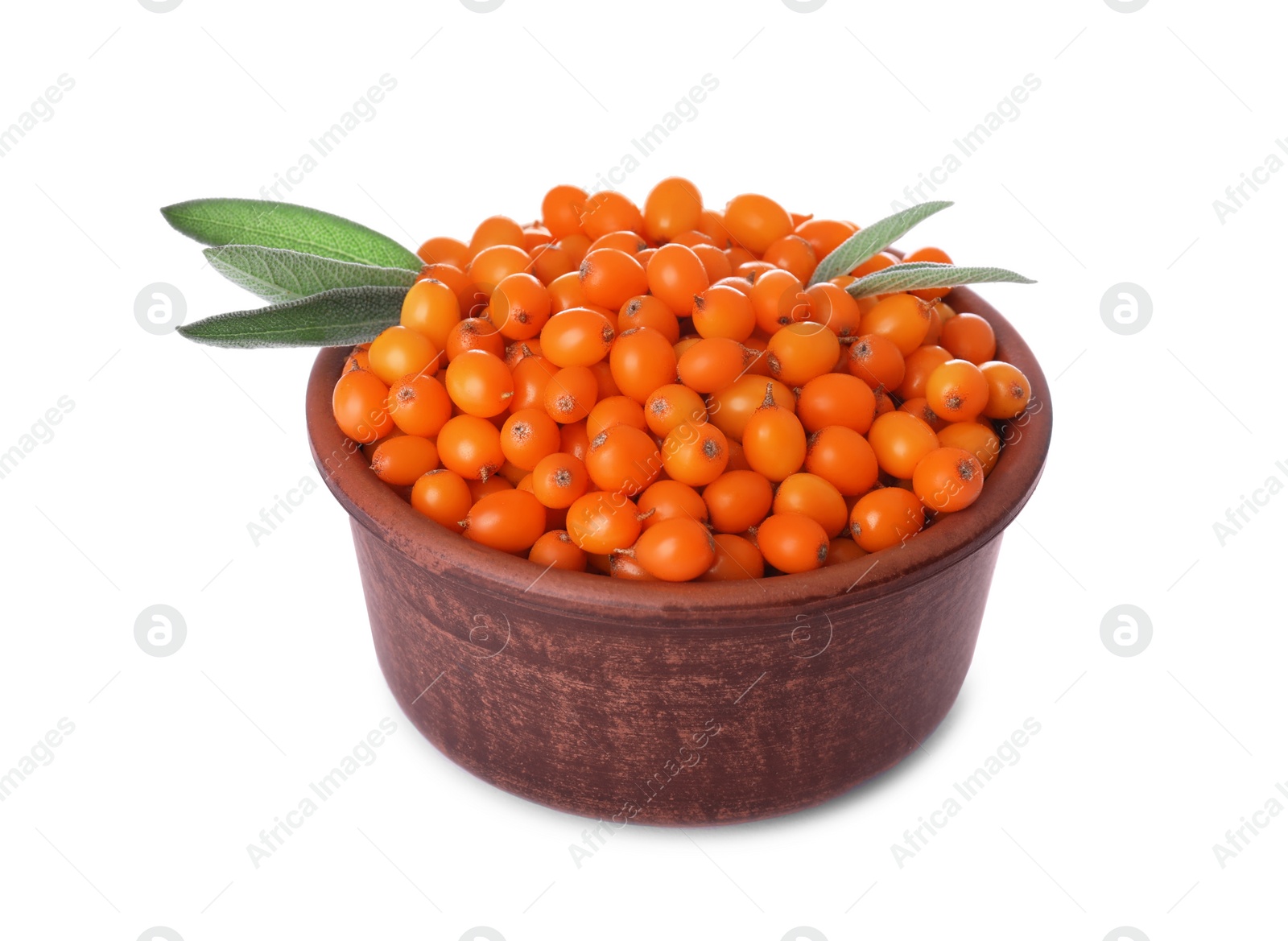 Photo of Fresh ripe sea buckthorn berries in wooden bowl isolated on white