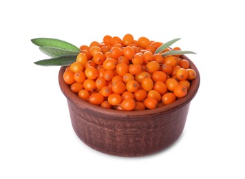 Photo of Fresh ripe sea buckthorn berries in wooden bowl isolated on white