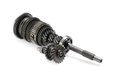 Mechanical transmission of gears and shafts on white background