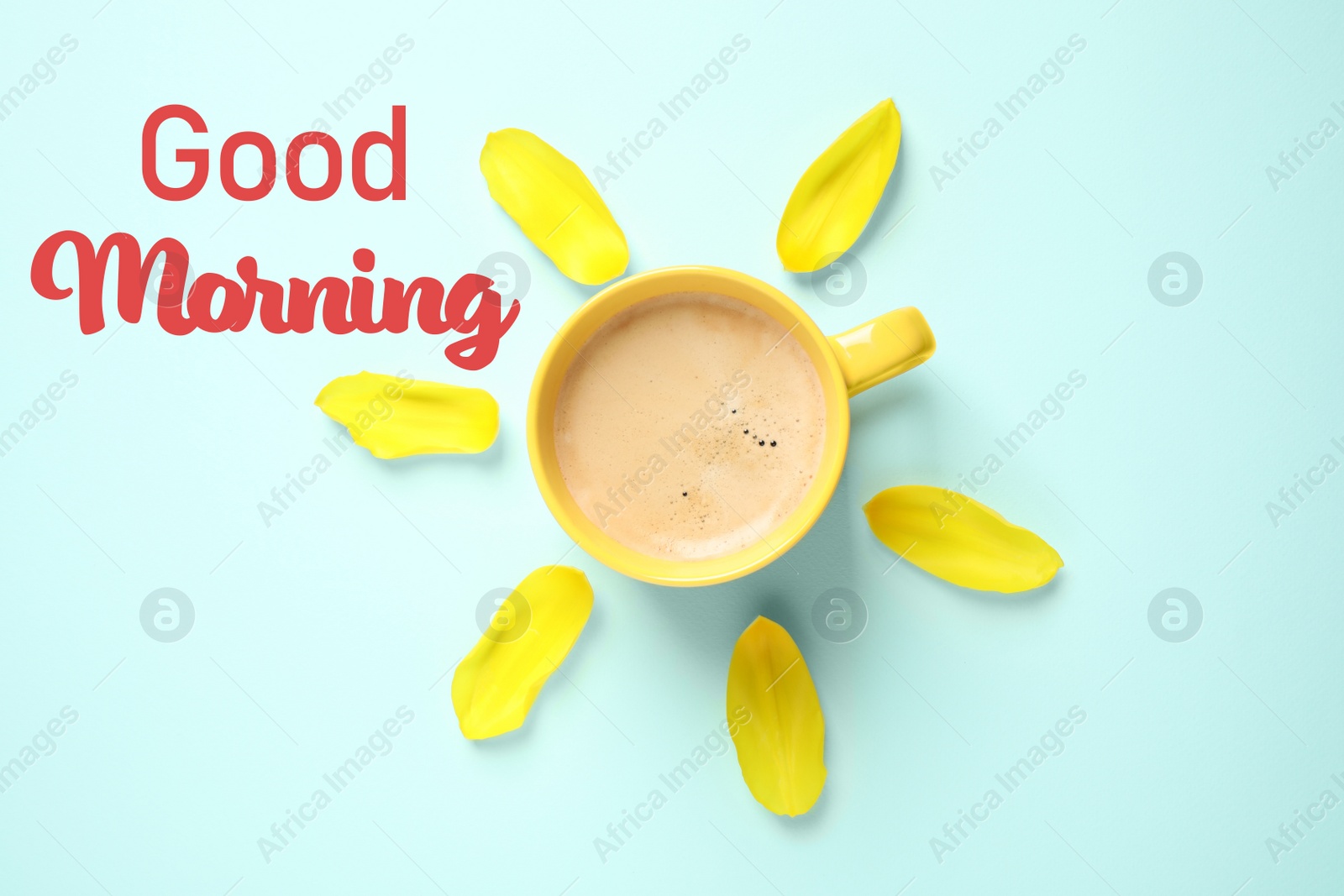 Image of Good Morning. Cup of coffee and tulip petals on light blue background, flat lay