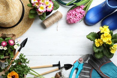 Photo of Flat lay composition with gardening equipment and space for text on wooden background