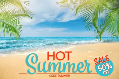Image of Hot summer sale flyer design. Beautiful view on sandy beach near sea and text