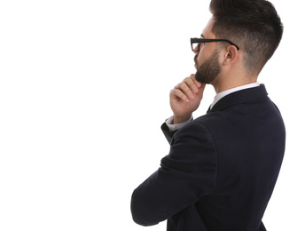 Photo of Young businessman in suit on white background