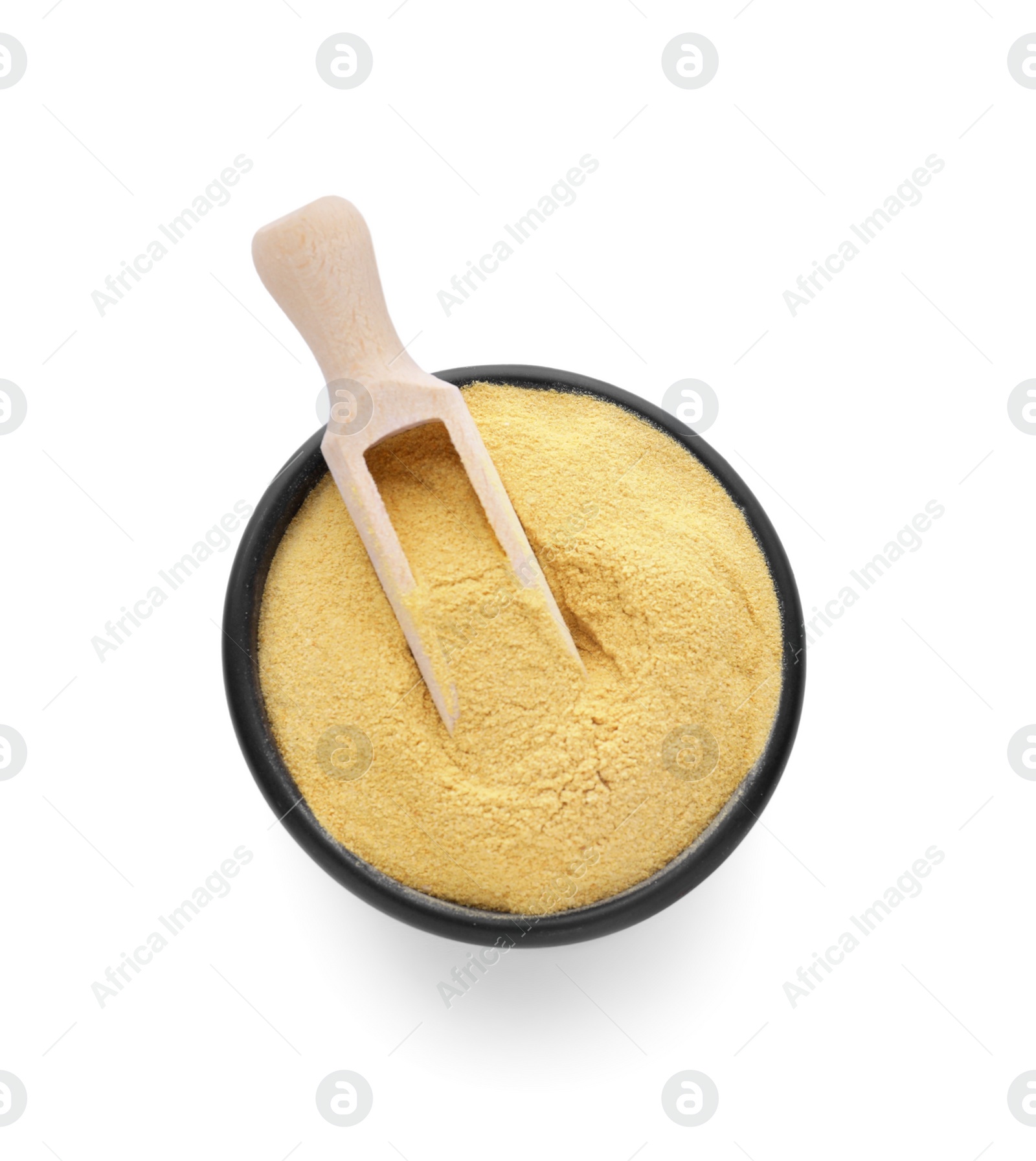 Photo of Brewer's yeast powder and scoop in bowl isolated on white, top view