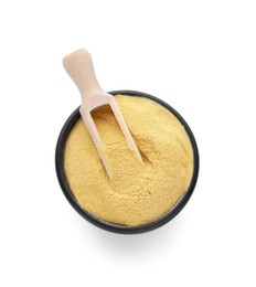 Photo of Brewer's yeast powder and scoop in bowl isolated on white, top view