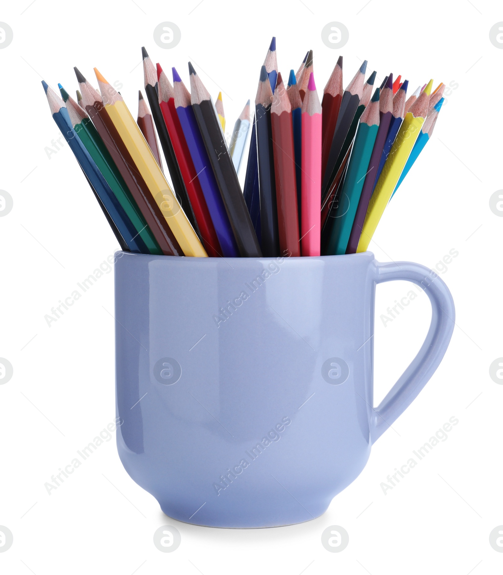 Photo of Colorful pencils in grey cup on white background