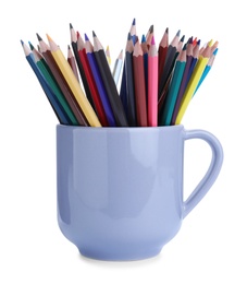 Colorful pencils in grey cup on white background