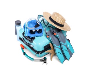 Suitcase and different beach accessories isolated on white. Summer vacation