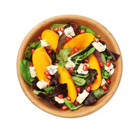 Bowl with delicious persimmon salad on white background, top view