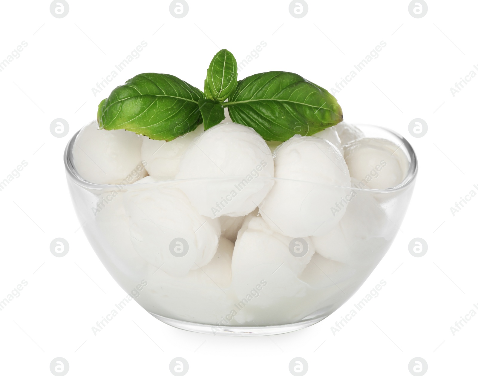 Photo of Bowl with mozzarella cheese balls and basil on white background