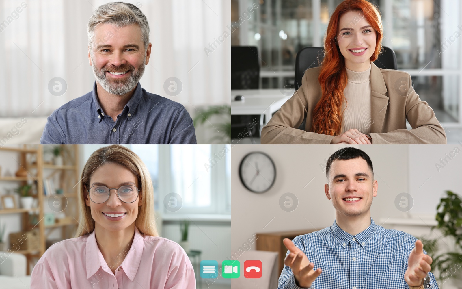 Image of Laptop (computer) screen showing people during video call. Colleagues having video chat