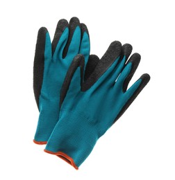Pair of gloves on white background, top view. Gardening tool