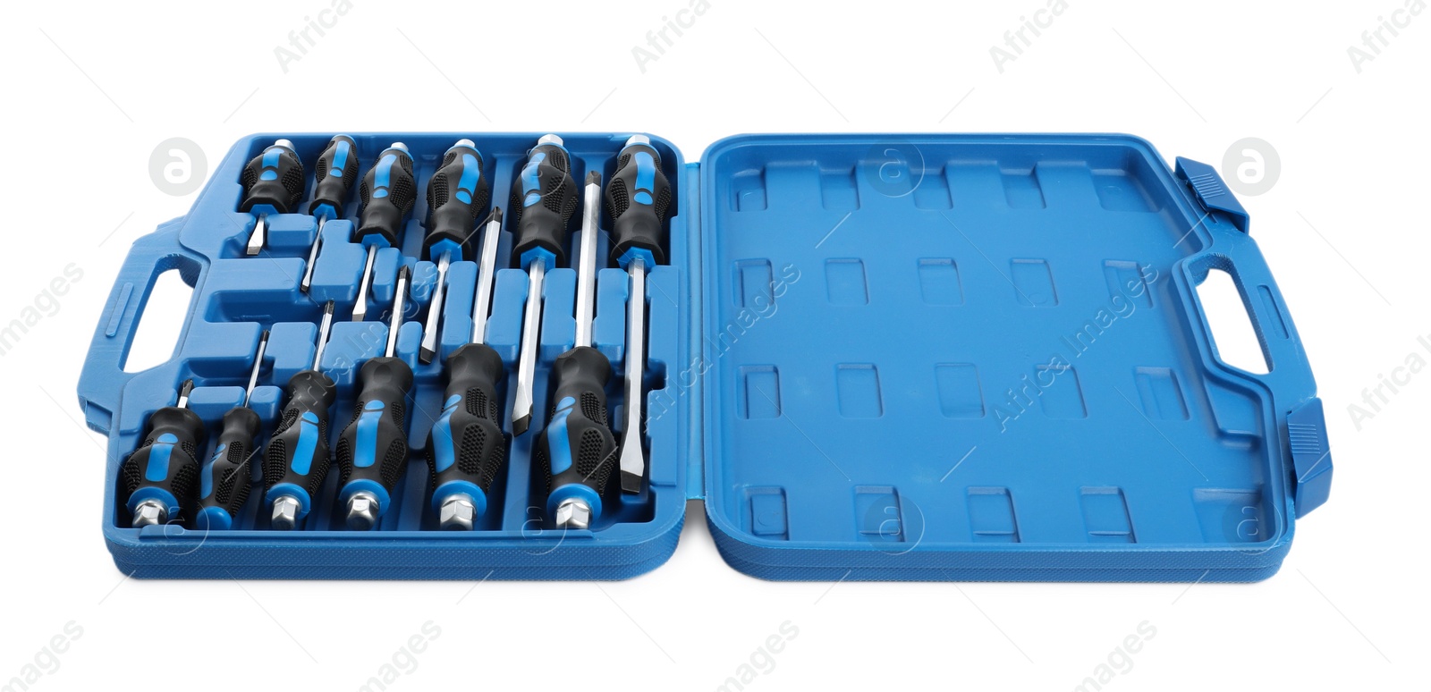 Photo of Set of screwdrivers in open toolbox isolated on white