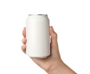 Woman holding aluminum can on white background, closeup