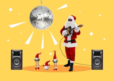 Winter holidays bright artwork. Santa Claus playing guitar, elves dancing against orange background, creative collage