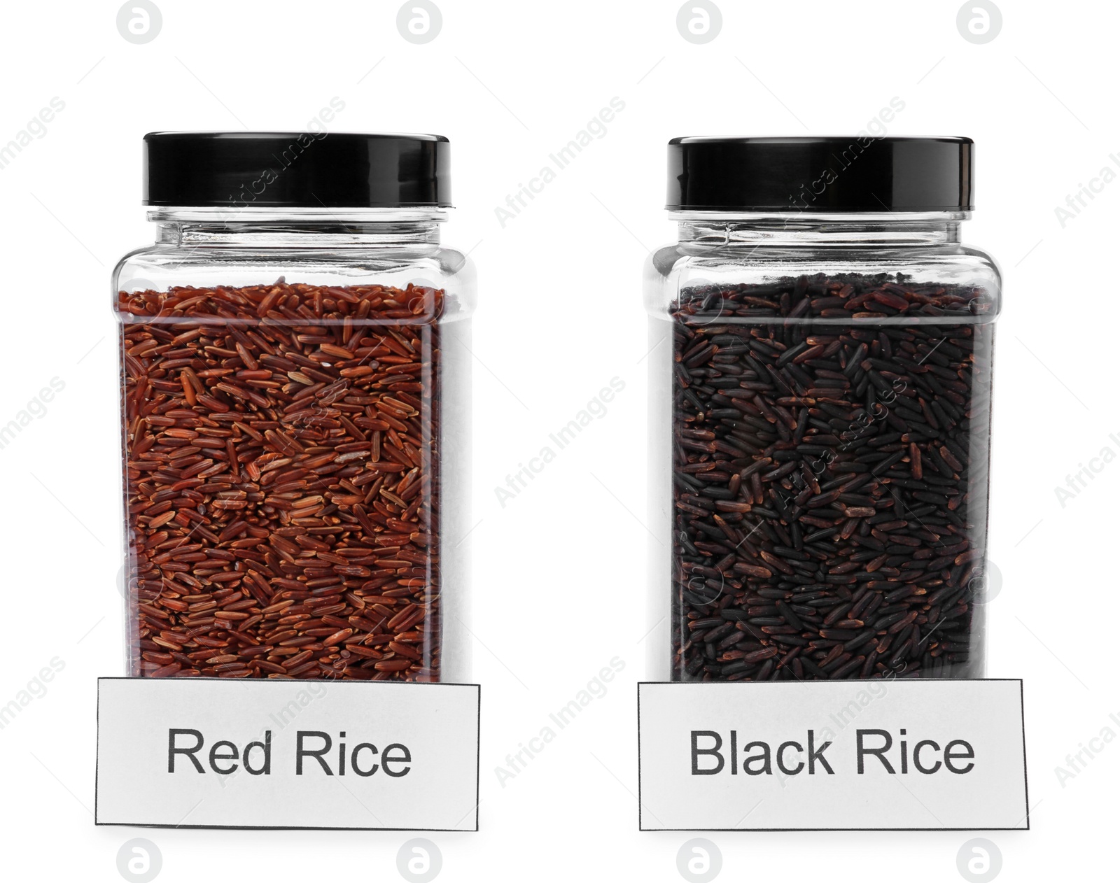 Photo of Red and black rice in jars with labels, isolated on white. Mock up for design