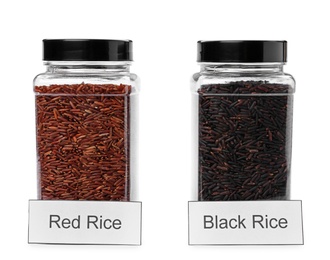 Photo of Red and black rice in jars with labels, isolated on white. Mock up for design