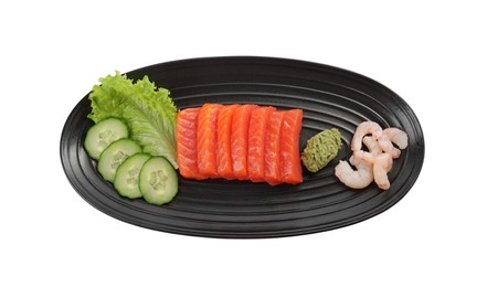 Photo of Tasty sashimi set (raw slices of salmon and shrimp) served with cucumber, lettuce and wasabi isolated on white, top view