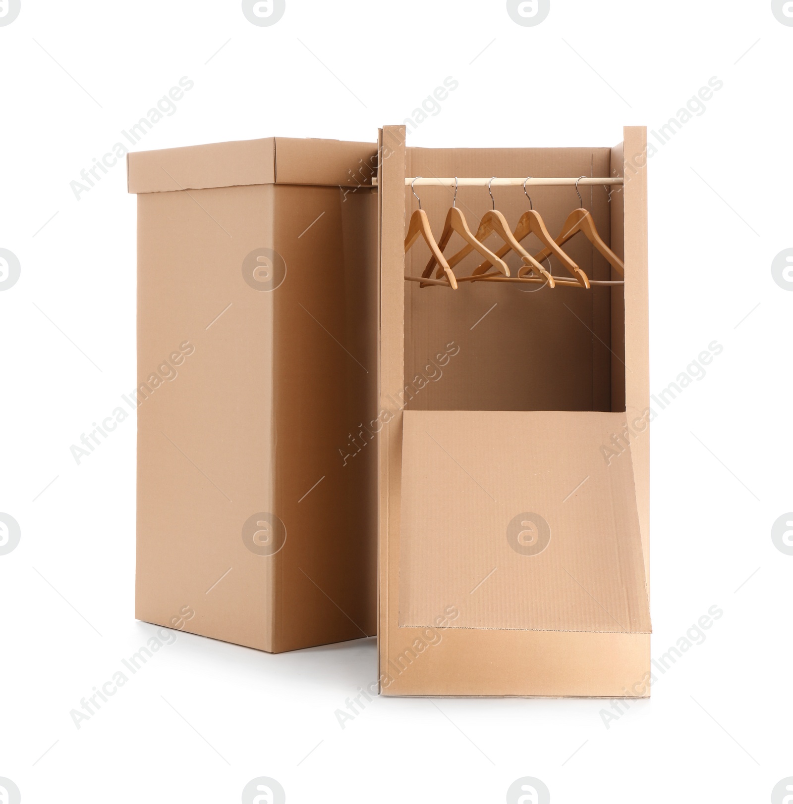 Photo of Empty cardboard wardrobe boxes on white background