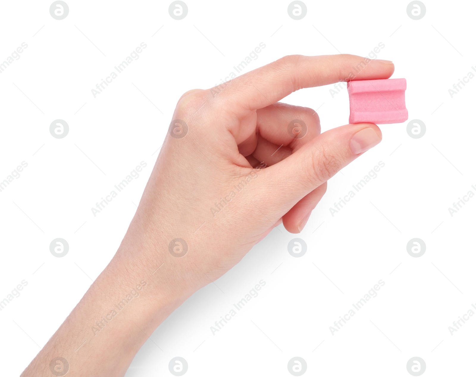 Photo of Woman holding tasty pink chewing gum on white background, top view