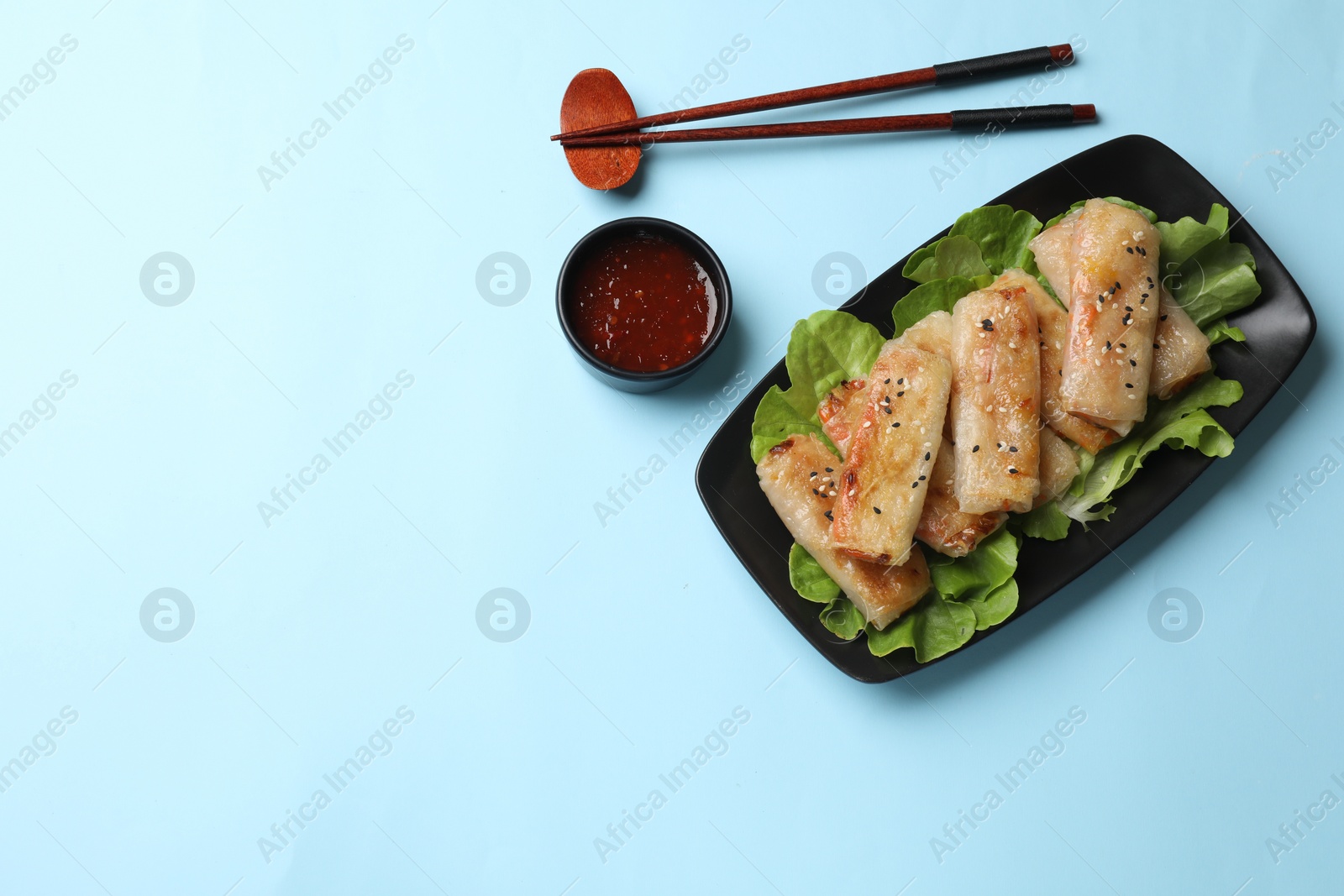 Photo of Tasty fried spring rolls served on light blue table, flat lay