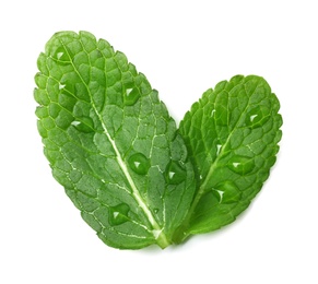 Photo of Wet leaves of fresh mint isolated on white, top view