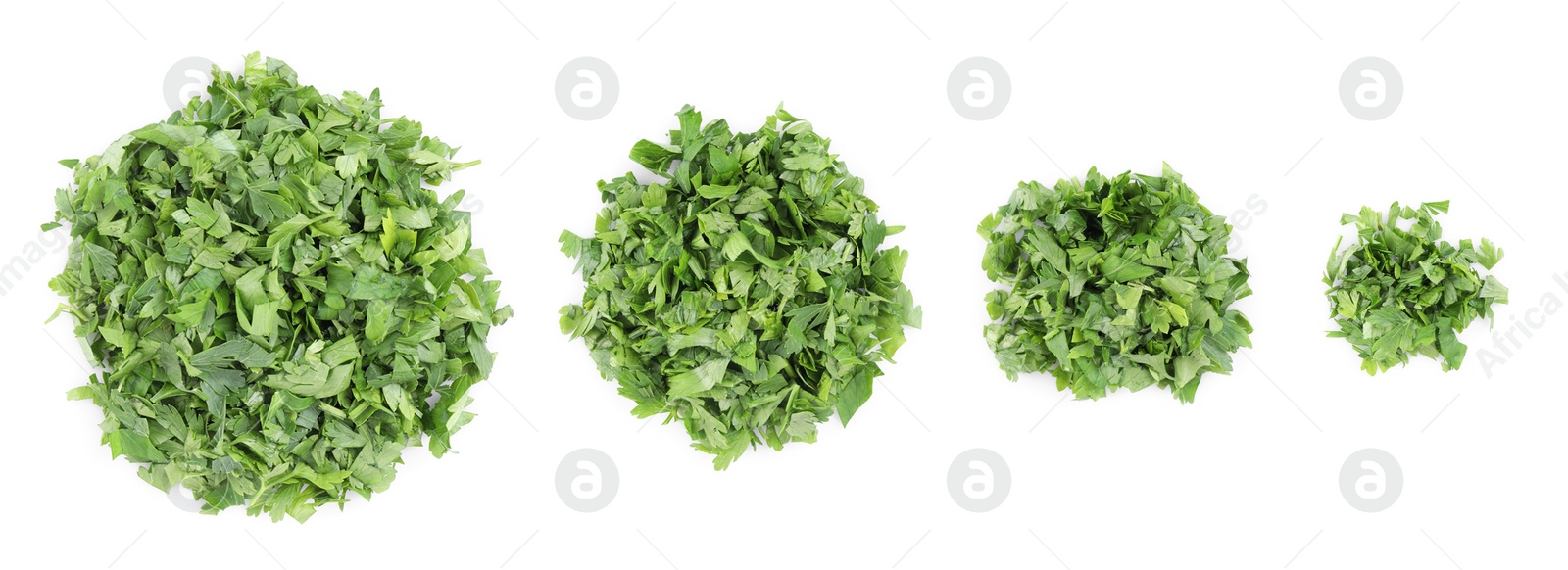 Image of Set with heaps of cut parsley isolated on white, top view