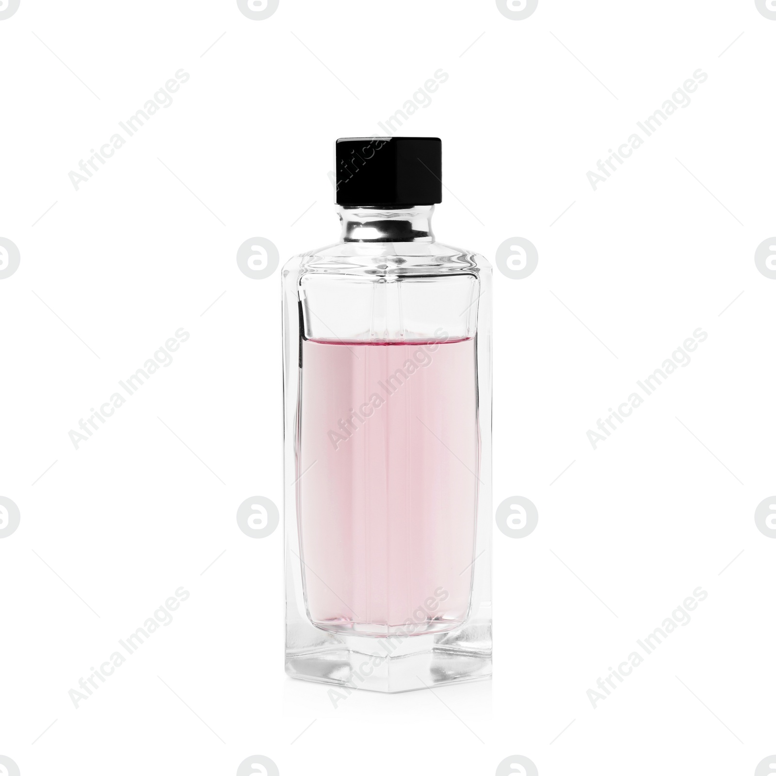 Photo of Transparent bottle of perfume on white background