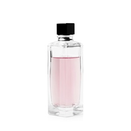 Photo of Transparent bottle of perfume on white background