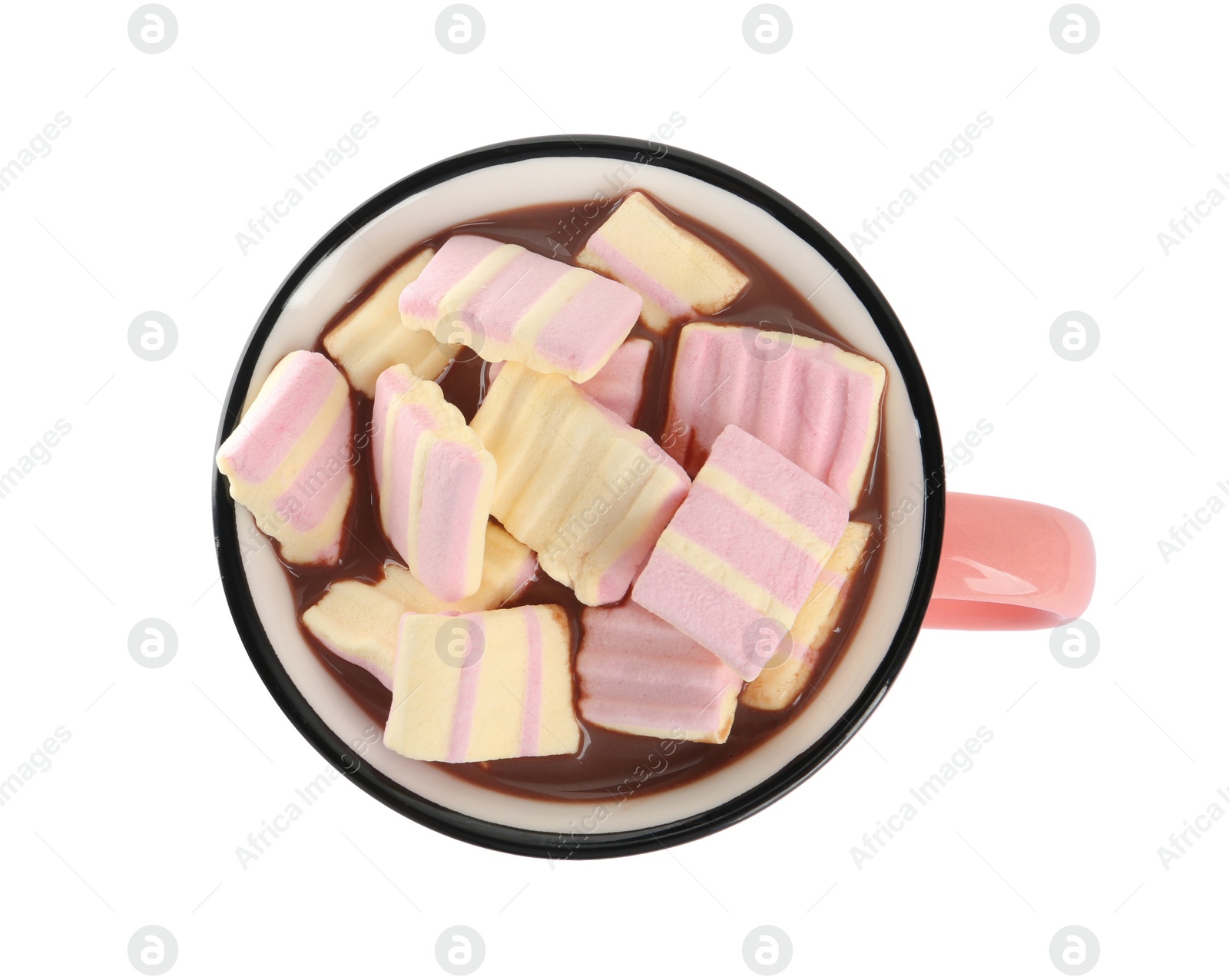 Photo of Cup of delicious hot chocolate with marshmallows isolated on white, top view