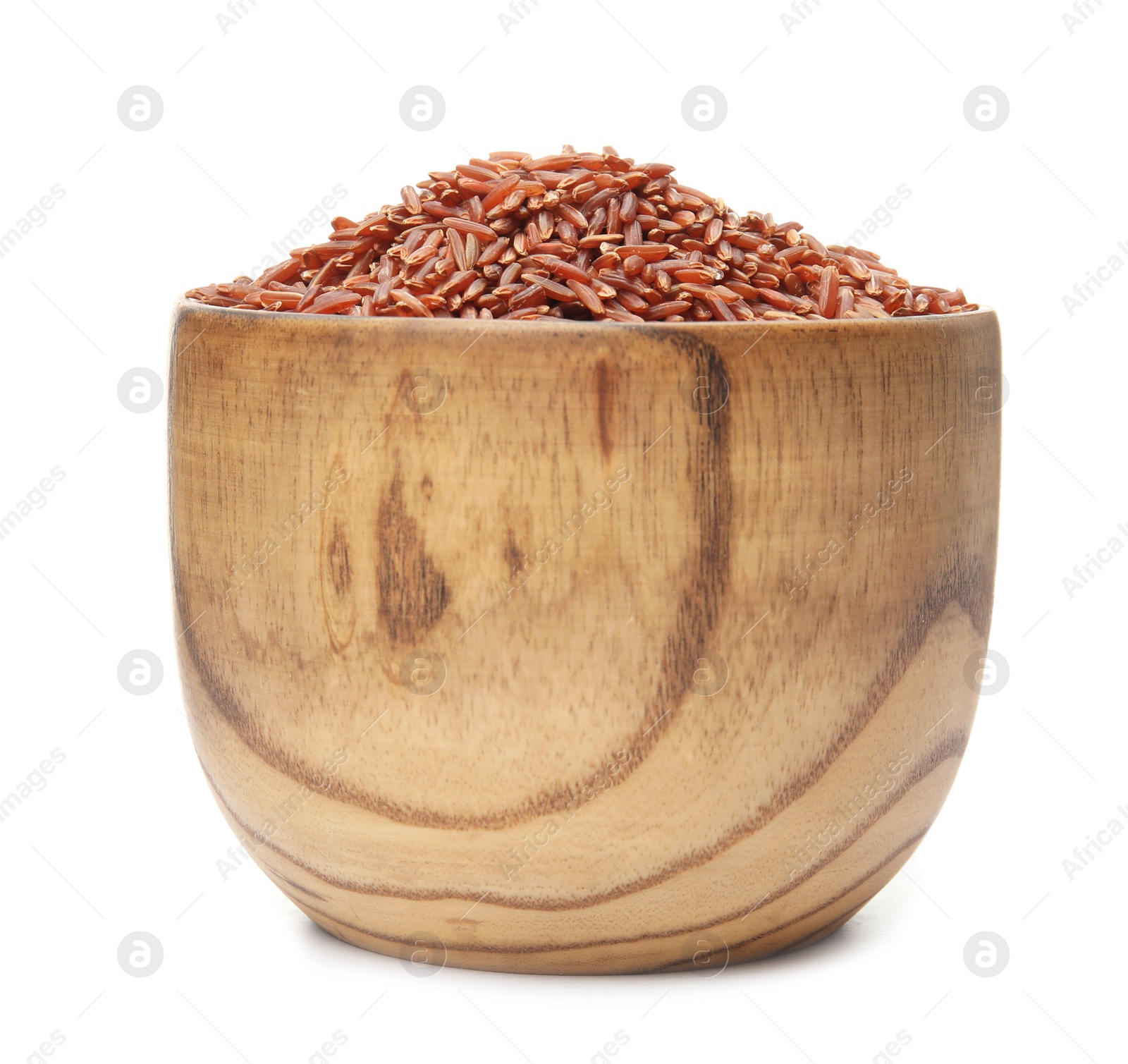 Photo of Bowl with uncooked red rice on white background