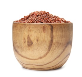 Photo of Bowl with uncooked red rice on white background