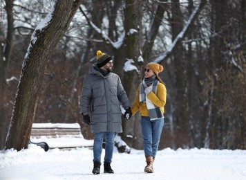 Happy young couple walking in snowy park on winter day