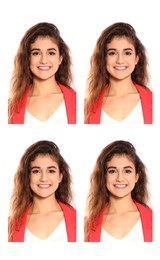 Passport photo, collage. Woman on white background, set of photos