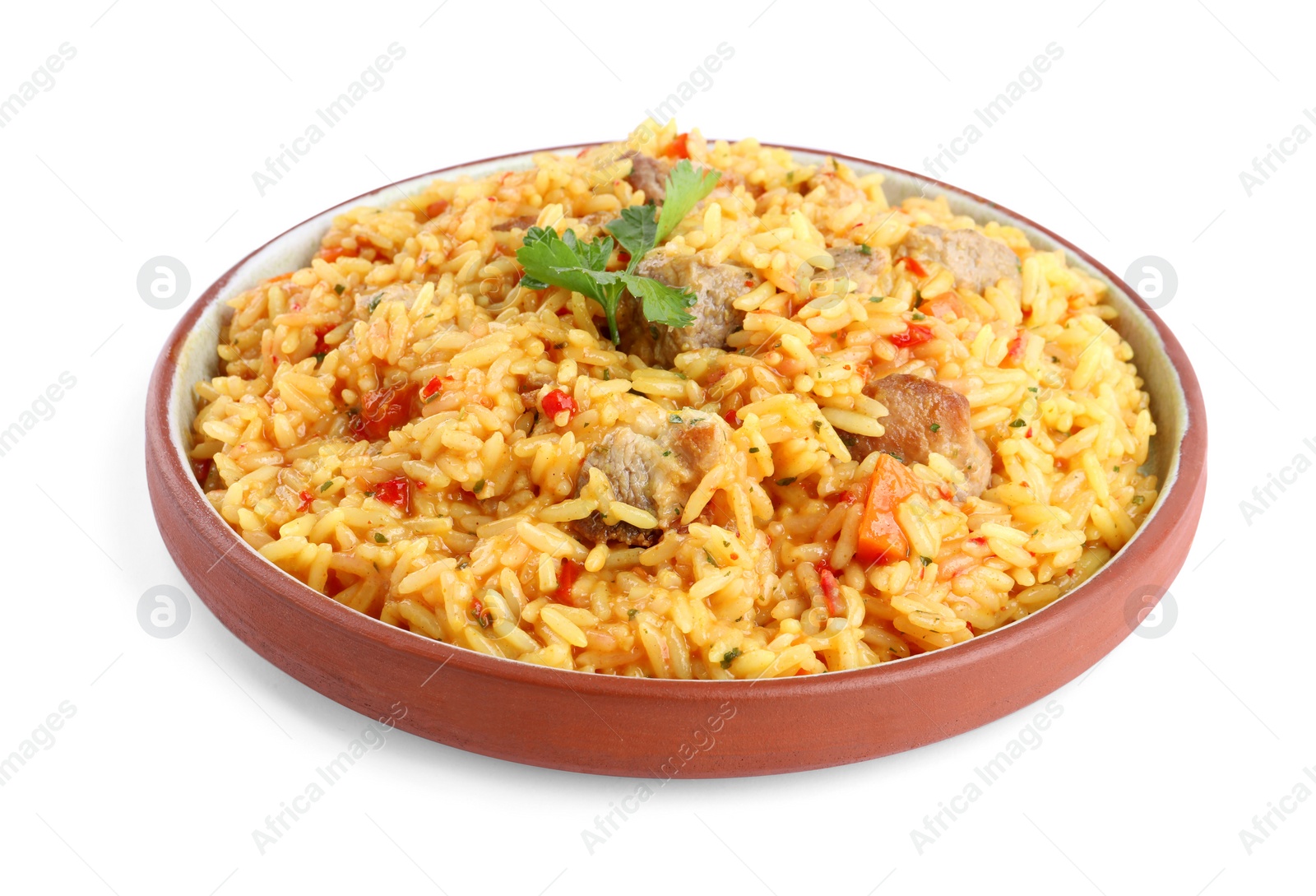 Photo of Delicious pilaf with meat isolated on white