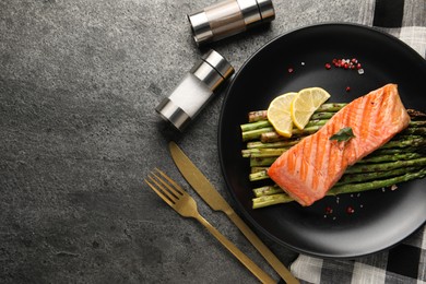 Tasty grilled salmon with asparagus, lemon and spices served on gray table, flat lay. Space for text