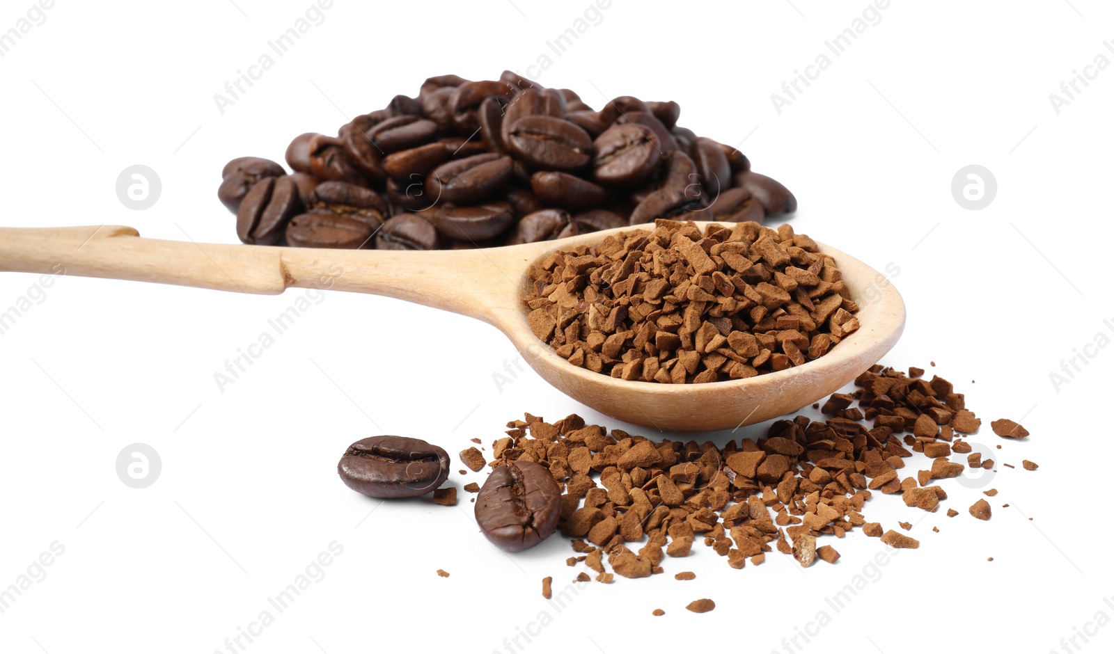 Photo of Wooden spoon of instant coffee and beans on white background