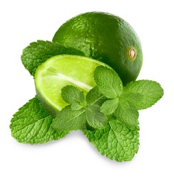 Image of Fresh ripe limes and green mint leaves isolated on white