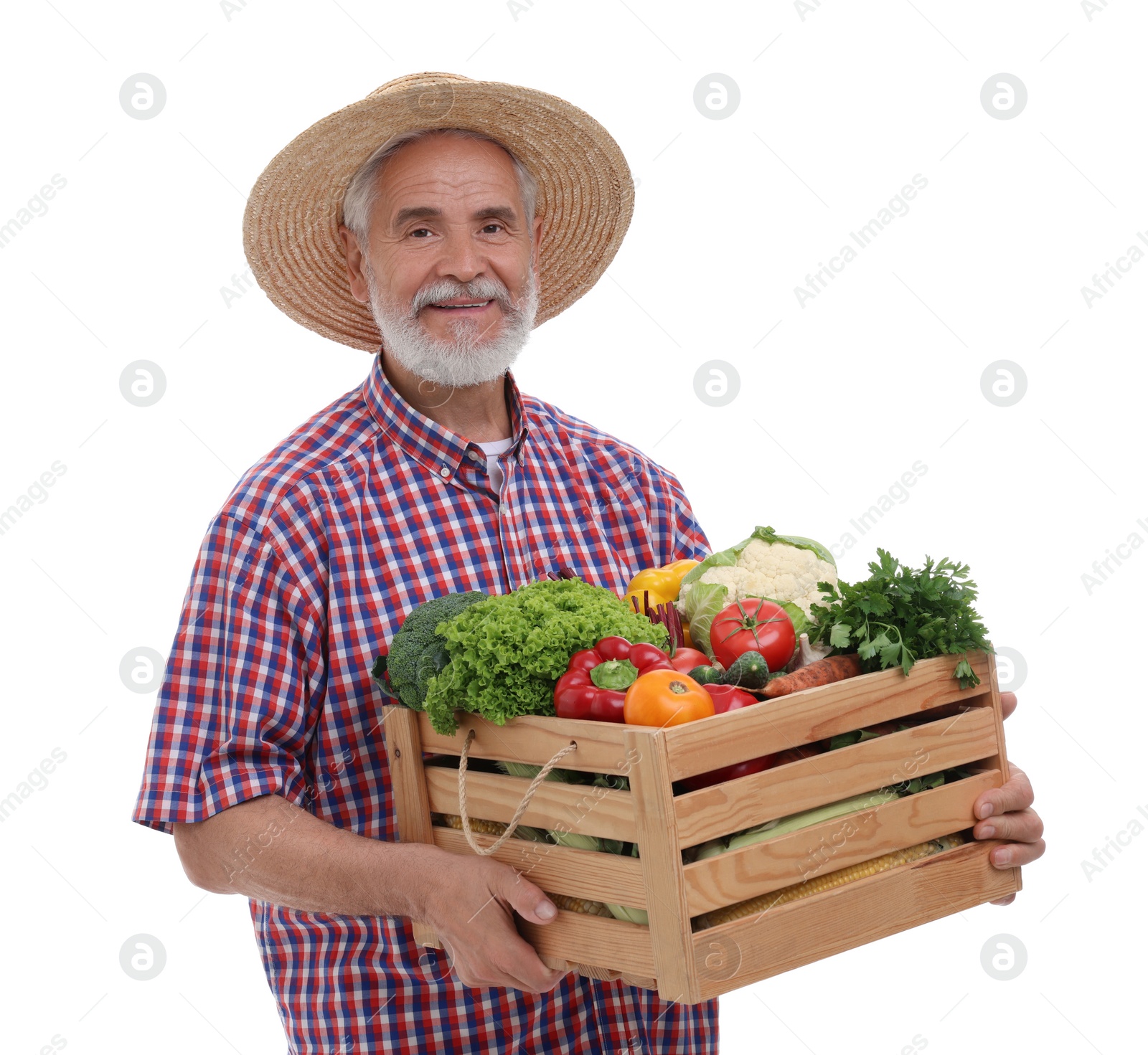 Photo of Harvesting season. Happy farmer holding wooden crate with vegetables on white background