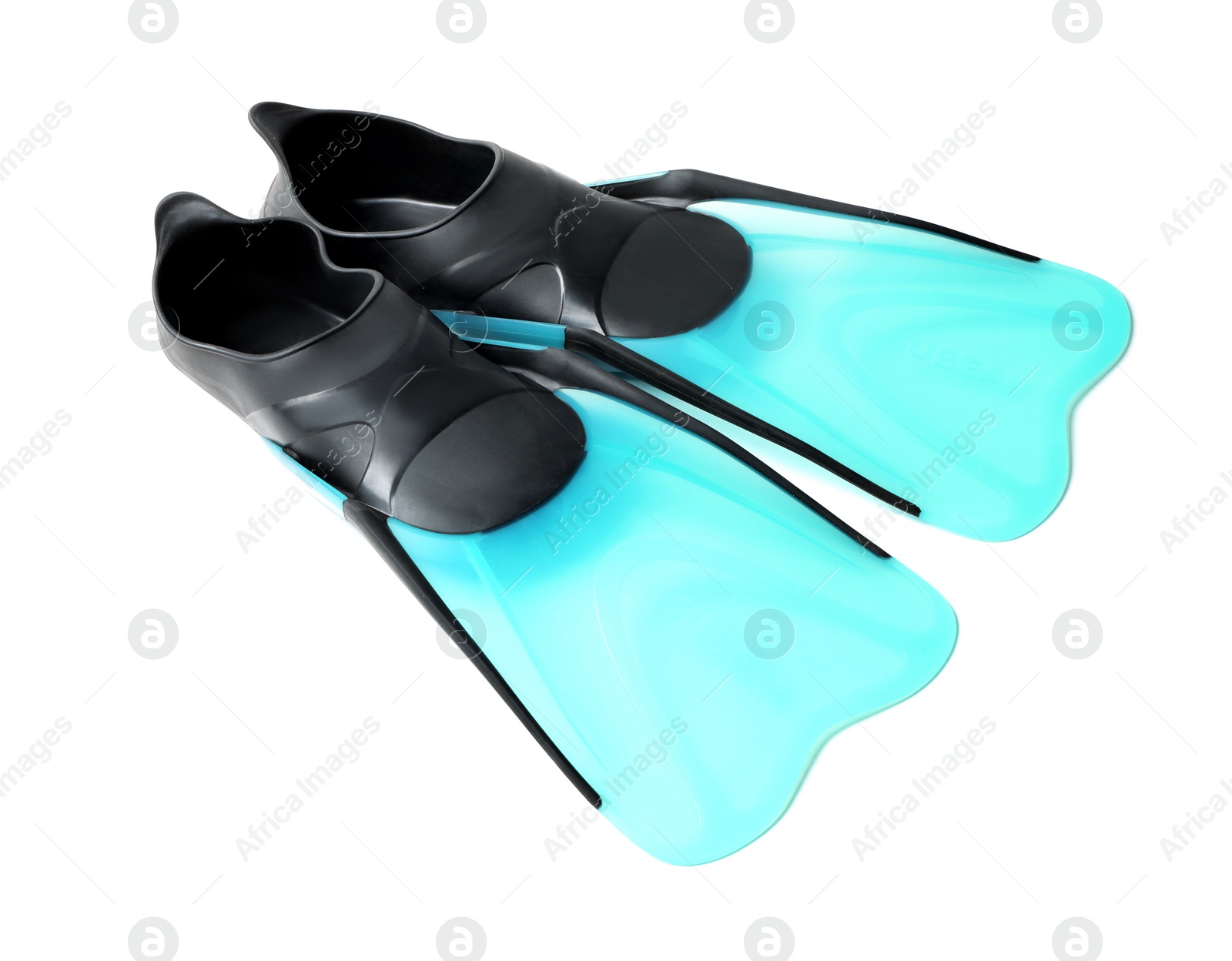 Photo of Pair of blue flippers on white background