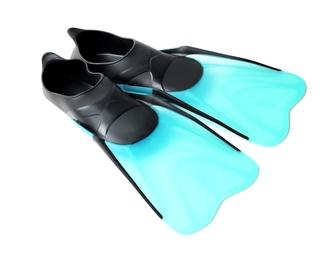 Photo of Pair of blue flippers on white background