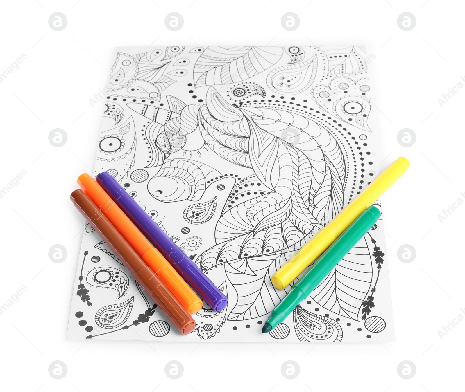 Photo of Antistress coloring page and felt tip pens on white background
