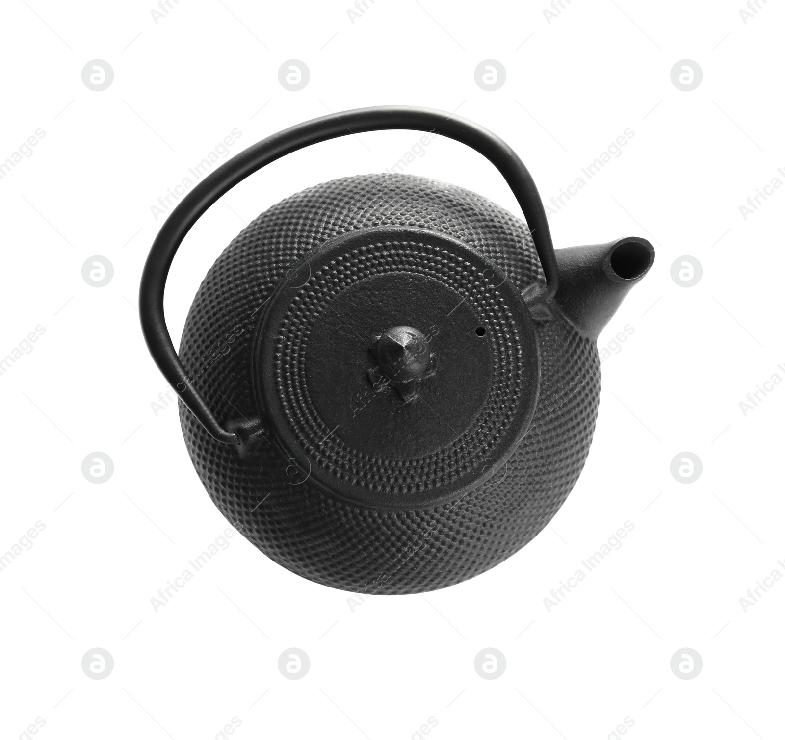 Photo of Black teapot isolated on white, top view