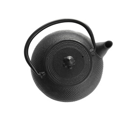 Photo of Black teapot isolated on white, top view