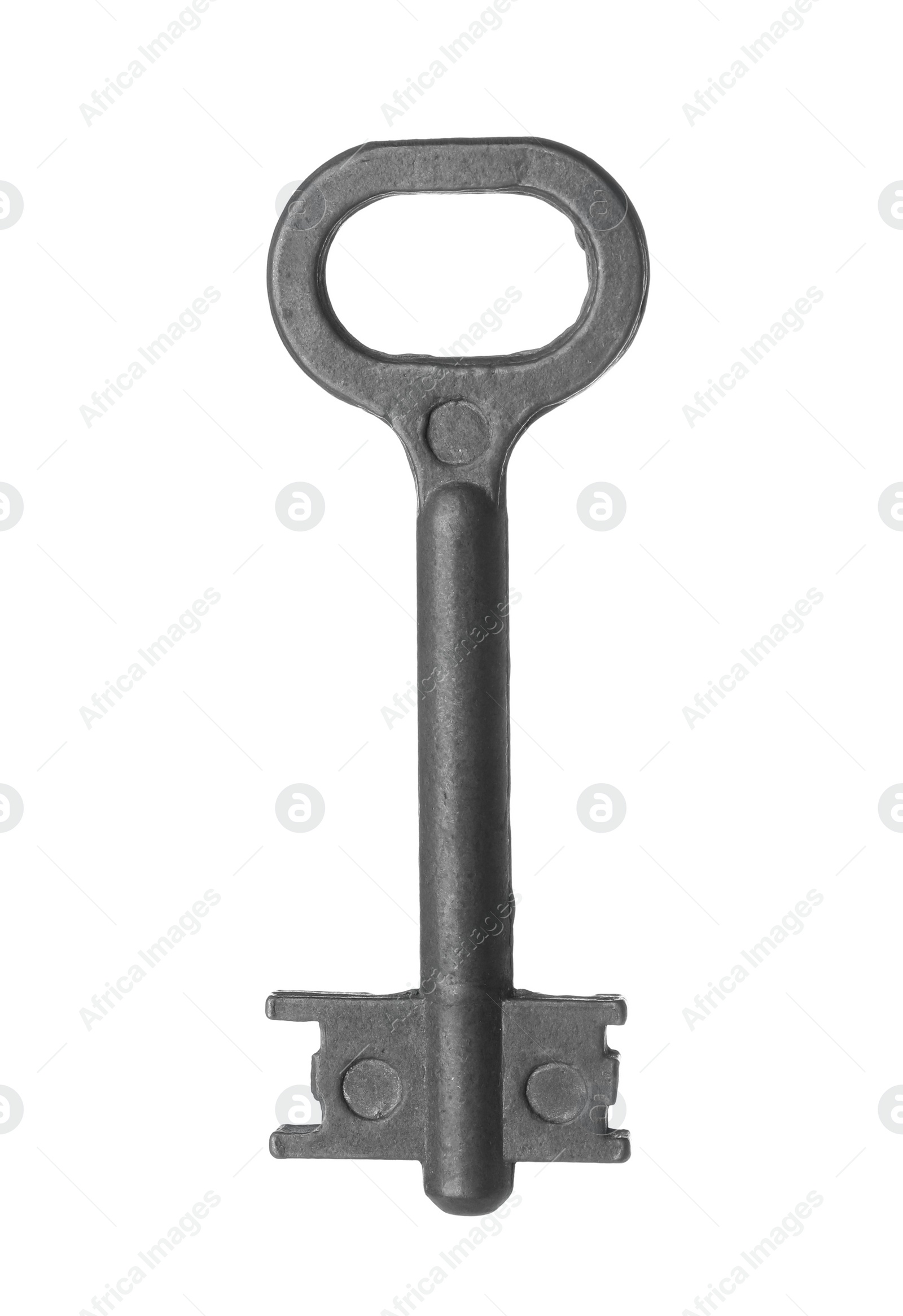 Photo of One metal modern key on white background