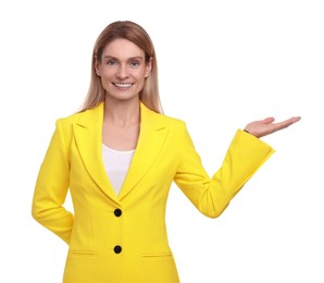 Beautiful happy businesswoman welcoming on white background