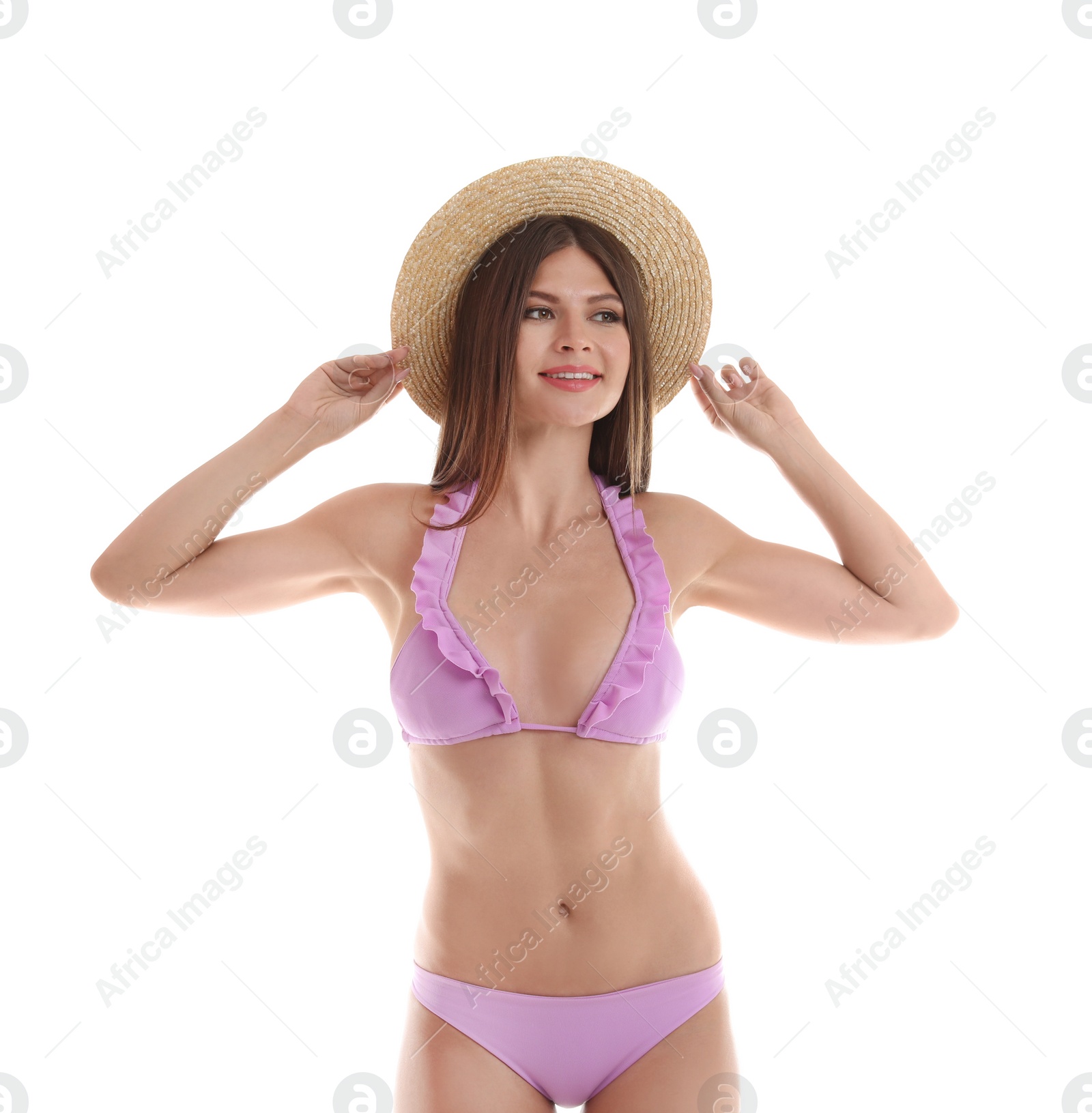 Photo of Sexy young woman in bikini on white background