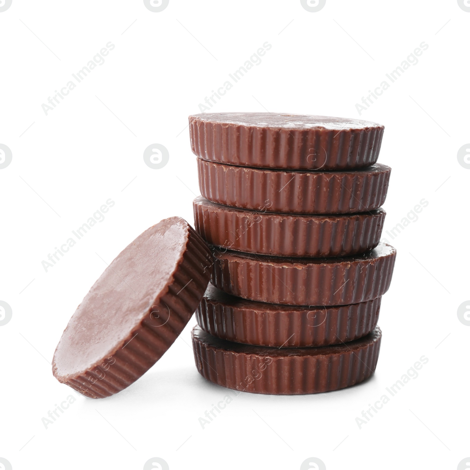 Photo of Delicious peanut butter cups on white background