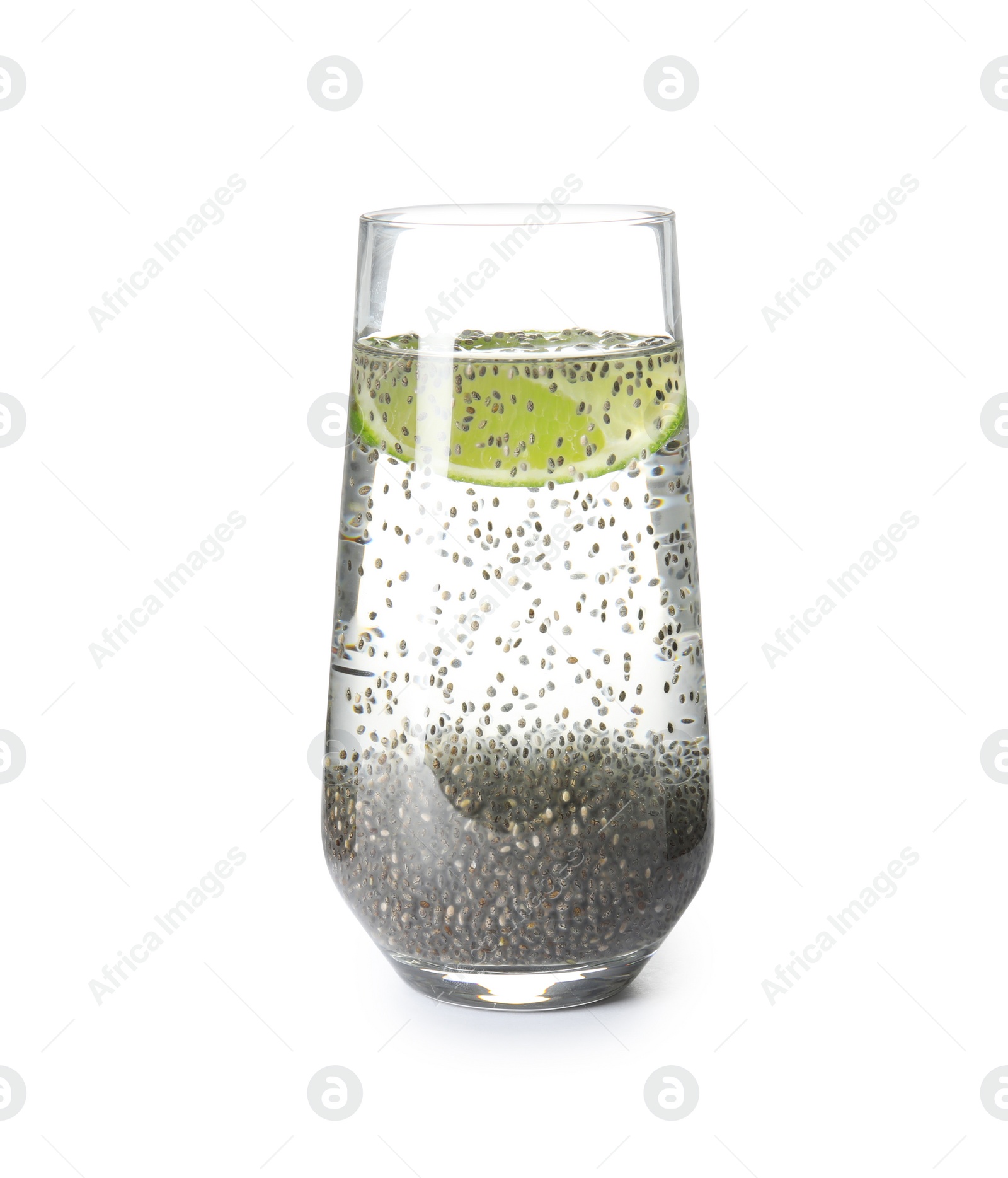 Photo of Glass of water with chia seeds on white background